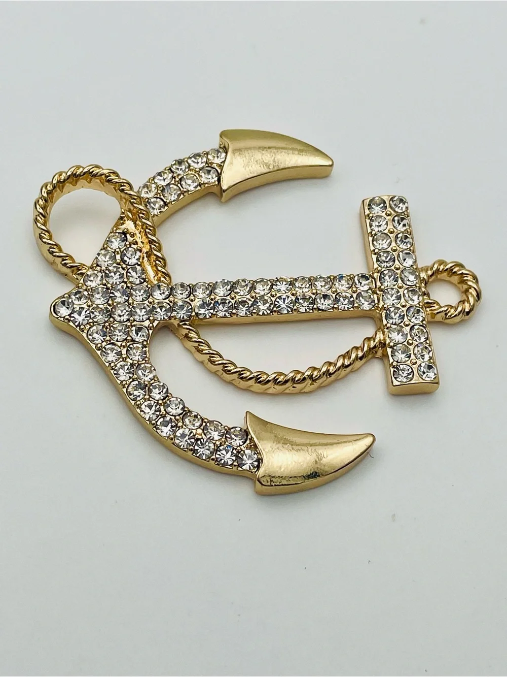 Rhinestone Gold Tone Anchor Pendant with Clear Crystals. Nautical.